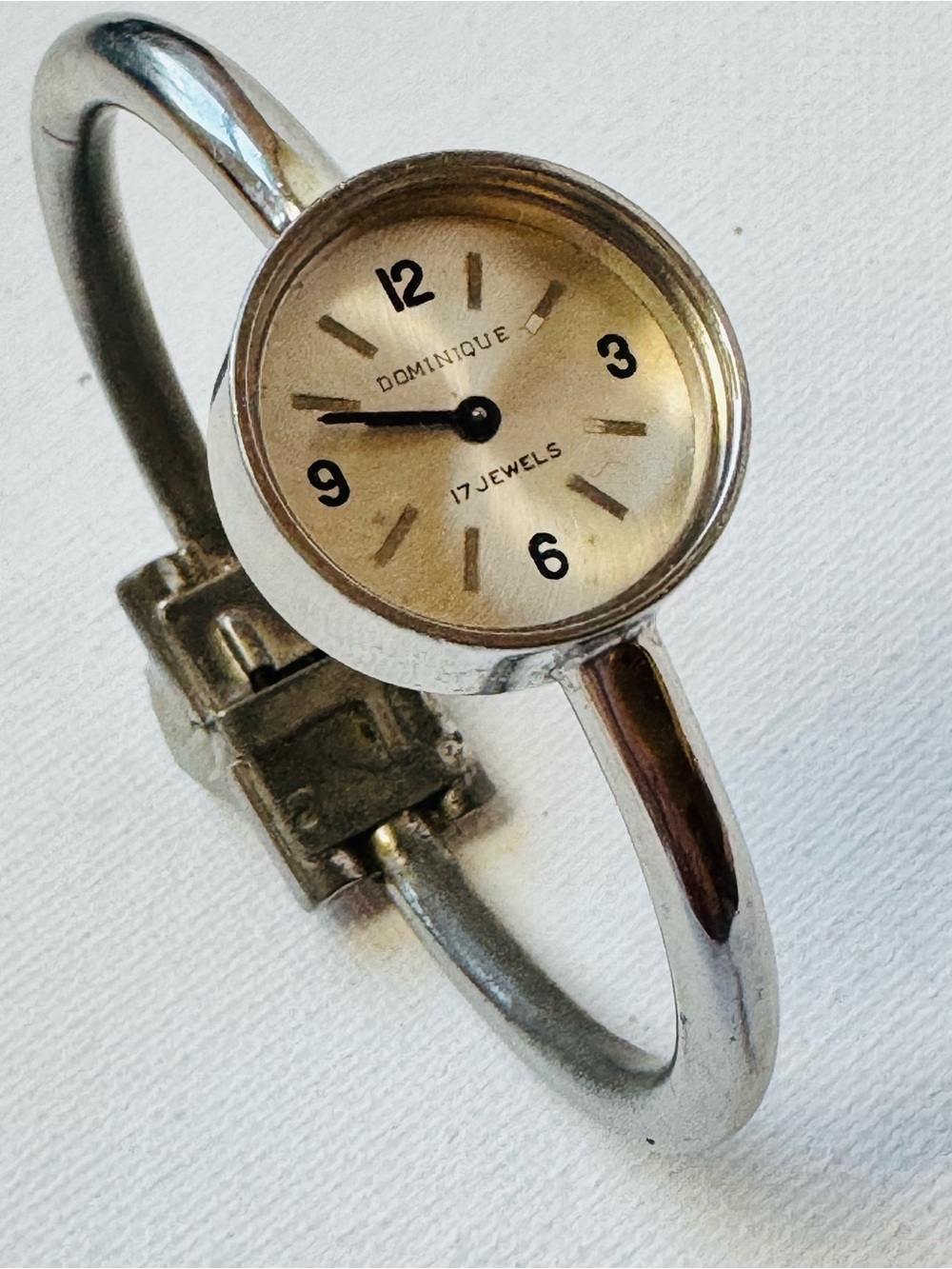 Vintage Dominique Hand Wind Women's Silver Mechanical Bangle Bracelet Watch
